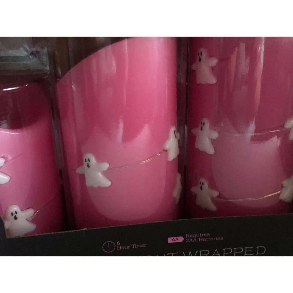 Silverstro Halloween Flameless Real Wax Candles Remote Pink Ghosts Set of 3